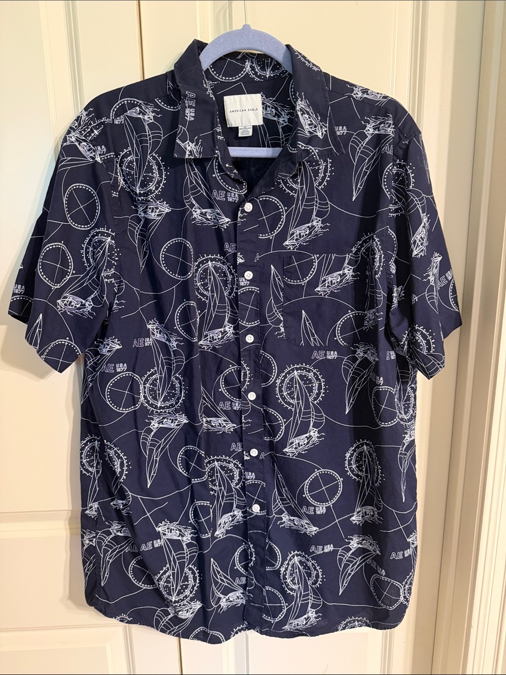 American Eagle Outfitters Navy Short-Sleeve Button-Up with White Sailboat Print
